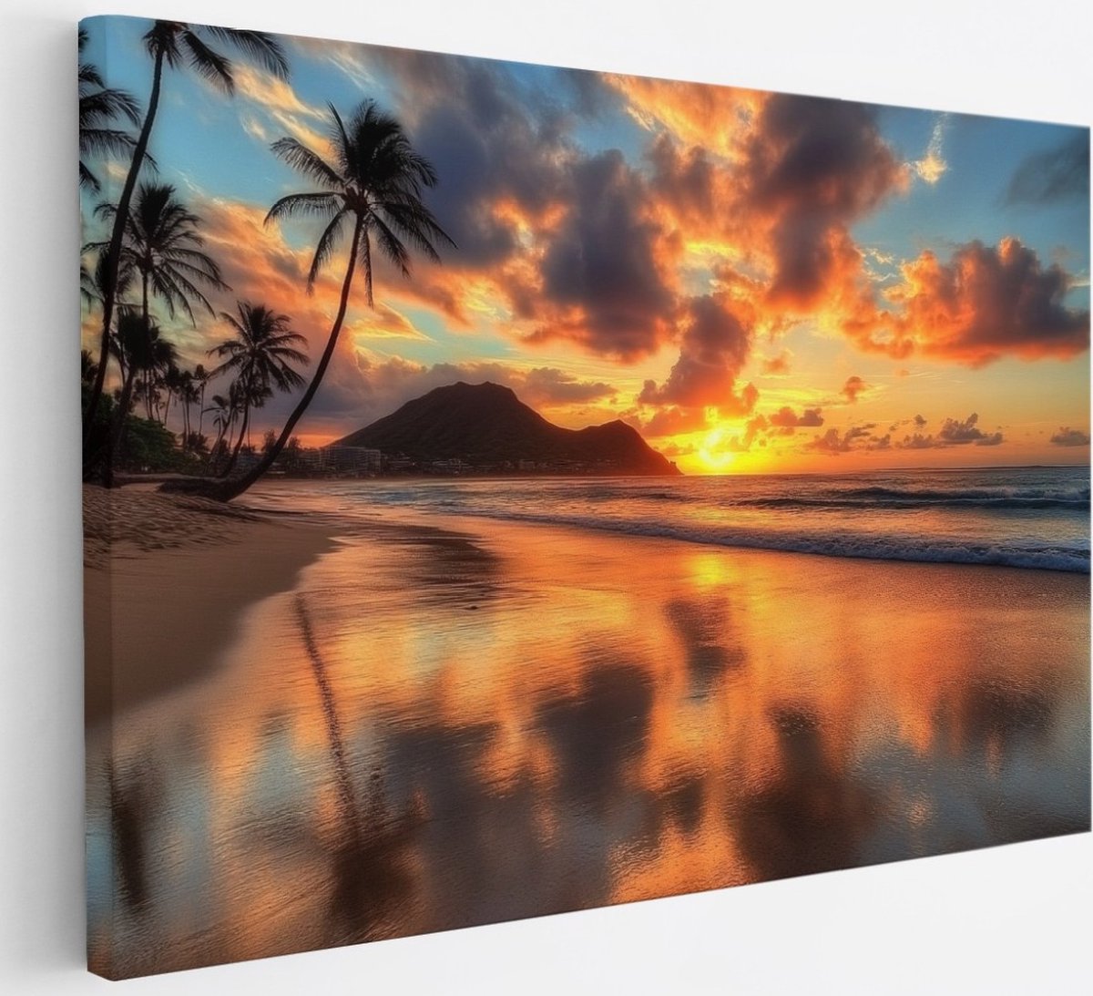 Saammp Canvas Schilderij - Tropisch strand - Zee met zonsondergang - 30x20 - Foto op canvas - Wanddecoratie - muurdecoratie Woonkamer - Slaapkamer decoratie - Canvas Print Multicolor