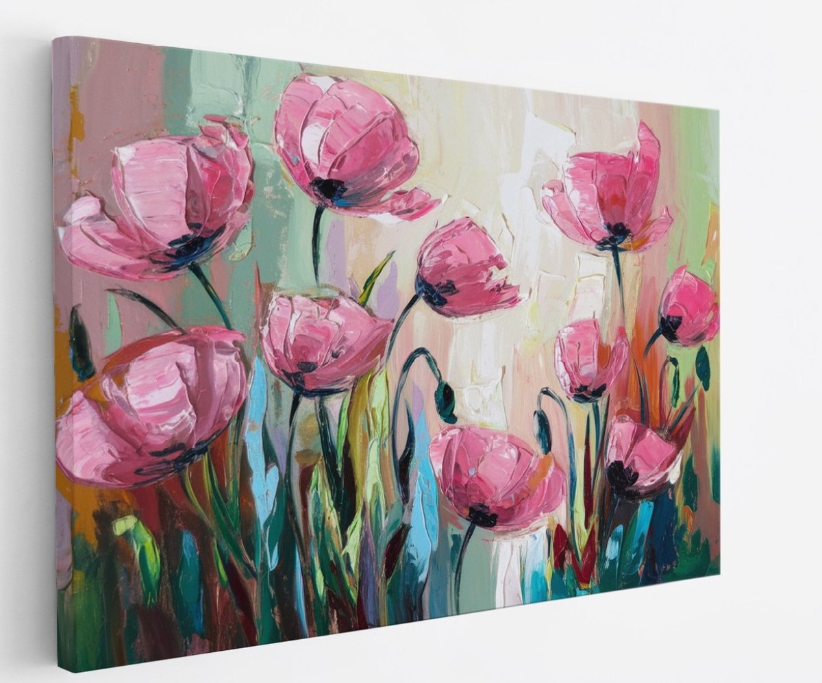 Saammp Canvas Schilderij - Expressieve Roze Bloemen - Natuur - Abstract - 90x60 - Foto op canvas - Wanddecoratie - Muurdecoratie Woonkamer - Kantoor Decoratie Multicolor