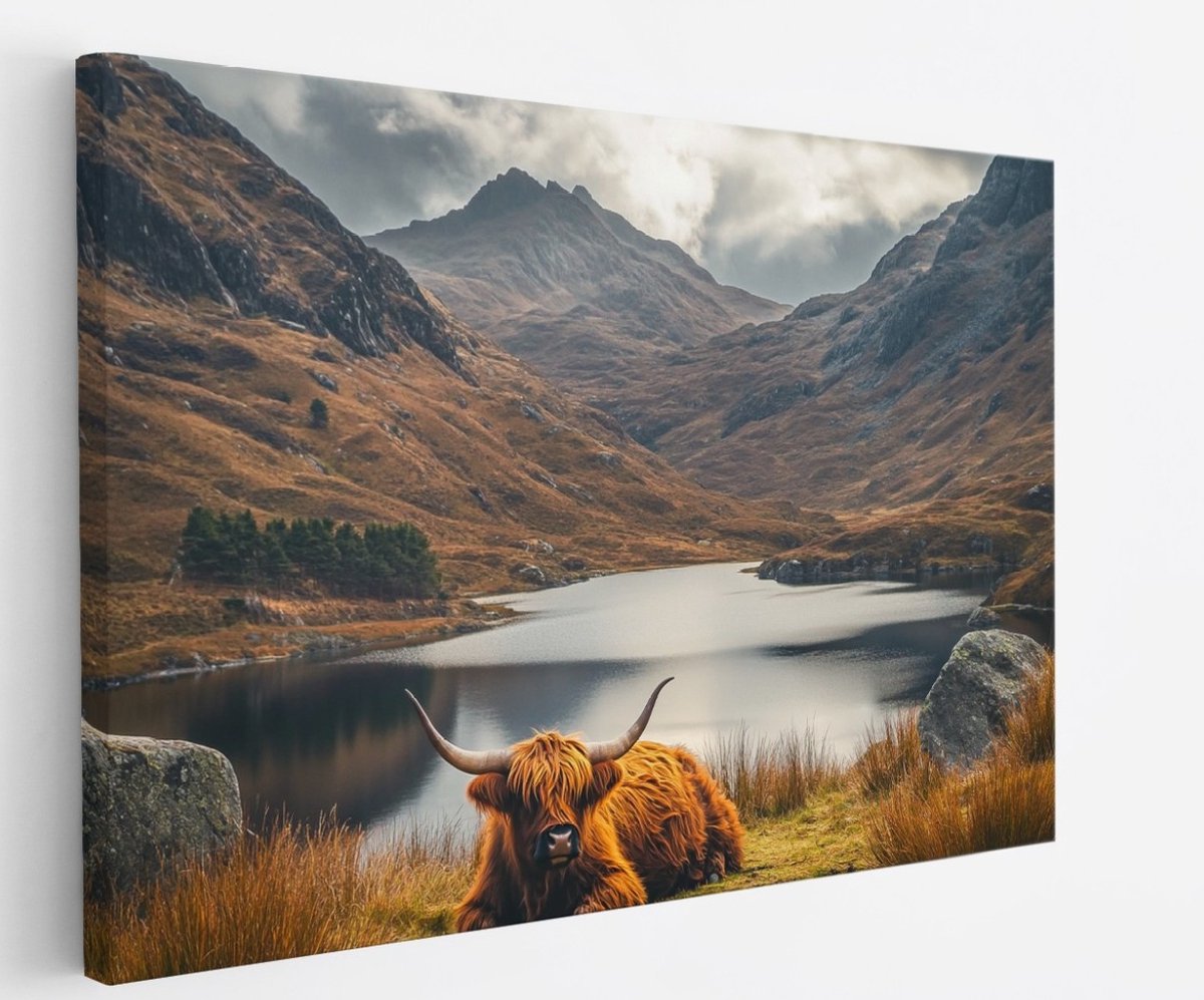 Saammp Canvas Schilderij - Schotse hooglander koe - Schotse hooglanden - Natuur - Dieren - 150x100 - Foto op canvas - Wanddecoratie - Muurdecoratie Woonkamer - Slaapkamer decoratie - Canvas Print Multicolor
