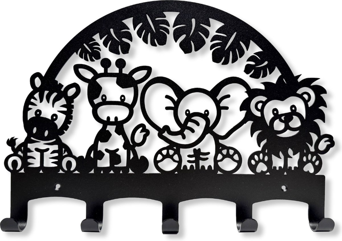 Weterings Store® - Safari Kinderkapstok - Staal - 400mm - 5 Haakjes - Zwart