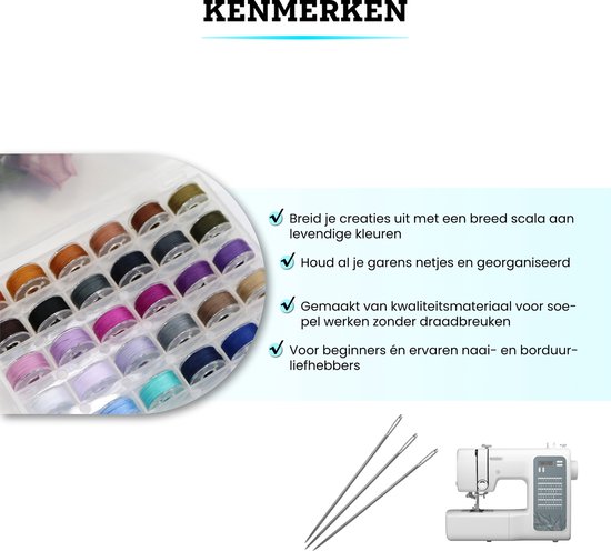 Een transparante opbergdoos met 36 spoelen garen in diverse kleuren. Naast de doos liggen een naaimachine en drie naalden.