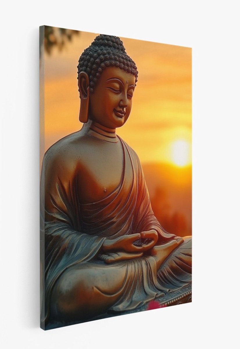 Saammp Canvas Schilderij - Boeddha met bloemen en zonsondergang - 40x60 - Foto op canvas - Wanddecoratie - Muurdecoratie Woonkamer - Canvas schilderijen Multicolor