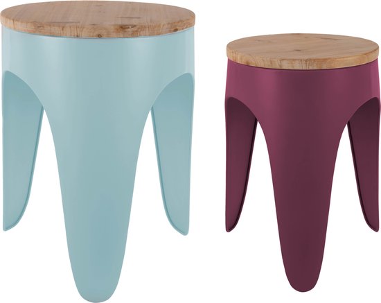 Leitmotiv - Set de tabourets Double Funky - Bleu doux et mauve foncé
