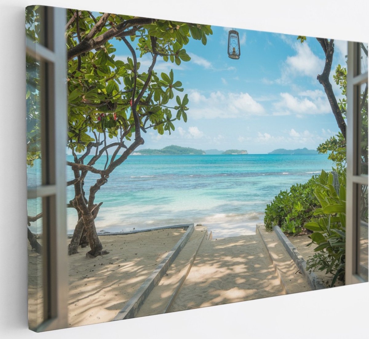 Saammp Canvas Schilderij - Zee - Strand - Natuur - Doorkijk - 30x20 - Foto op canvas - Wanddecoratie - Muurdecoratie Woonkamer - Slaapkamer decoratie - Canvas Print Multicolor