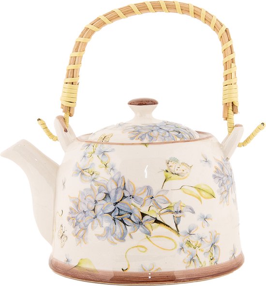 Clayre & Eef Theepot met Filter 800 ml Wit Blauw Keramiek Bloemen