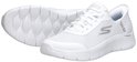 Twee witte Skechers GO WALK FLEX sneakers, één met zool omhoog, de ander met 3/4 aanzicht.