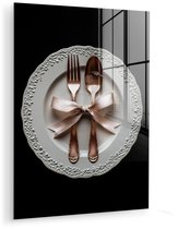 MuchoWow® Glasschilderij 90x120 cm - Schilderij acrylglas - Rose - Strik - Bestek - Foto op glas - Muurdecoratie woonkamer - Wanddecoratie slaapkamer - Schilderijen