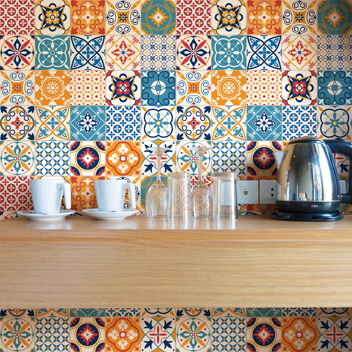 Ambiance Sticker Zelfklevende tegelmuurstickers voor keuken en badkamer - 9 cementtegelstickers, Azulejos en Adriana stijl - 9 stickers, 20x20cm Multi color