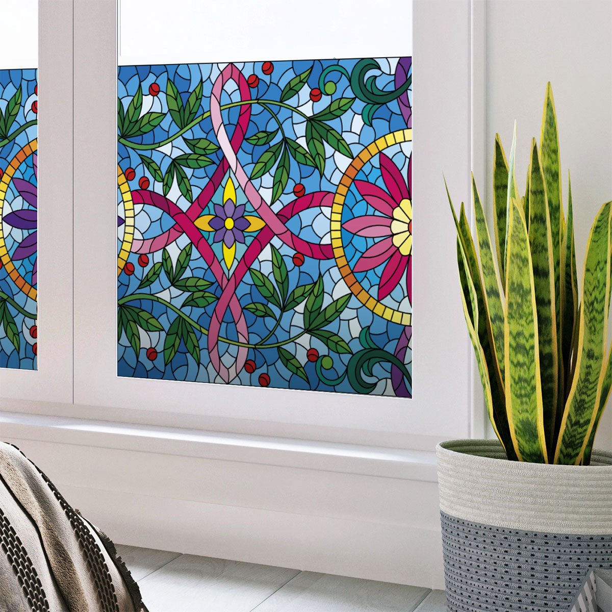 Privacy raamfolie - Glas-in-lood met ranken en bloemen - Stickers voor ramen en douchedeur