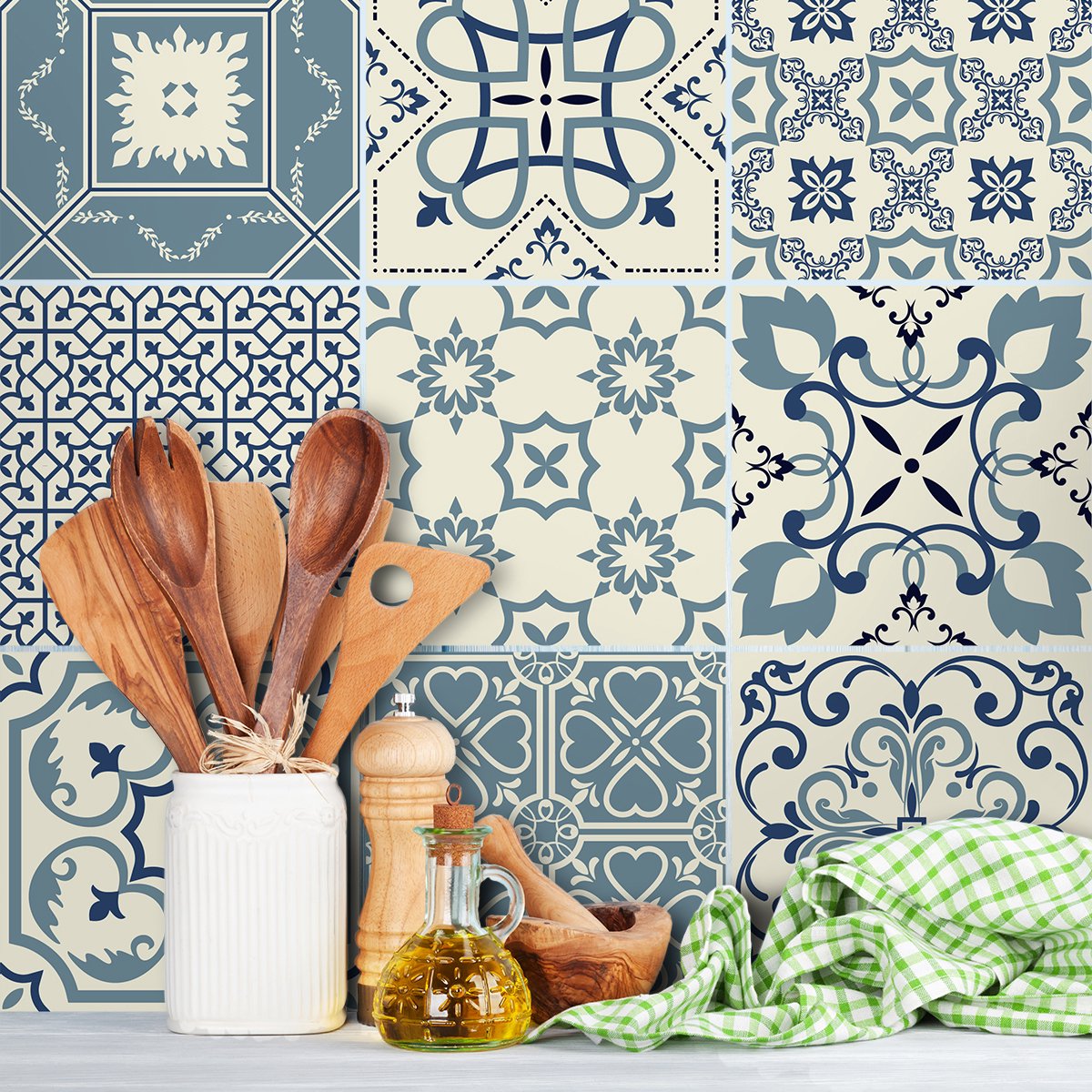 Ambiance Sticker Zelfklevende tegelmuurstickers voor keuken en badkamer - 9 cementtegelstickers (AZULEJOS TEO) - 9 stickers 15x15cm Multi color