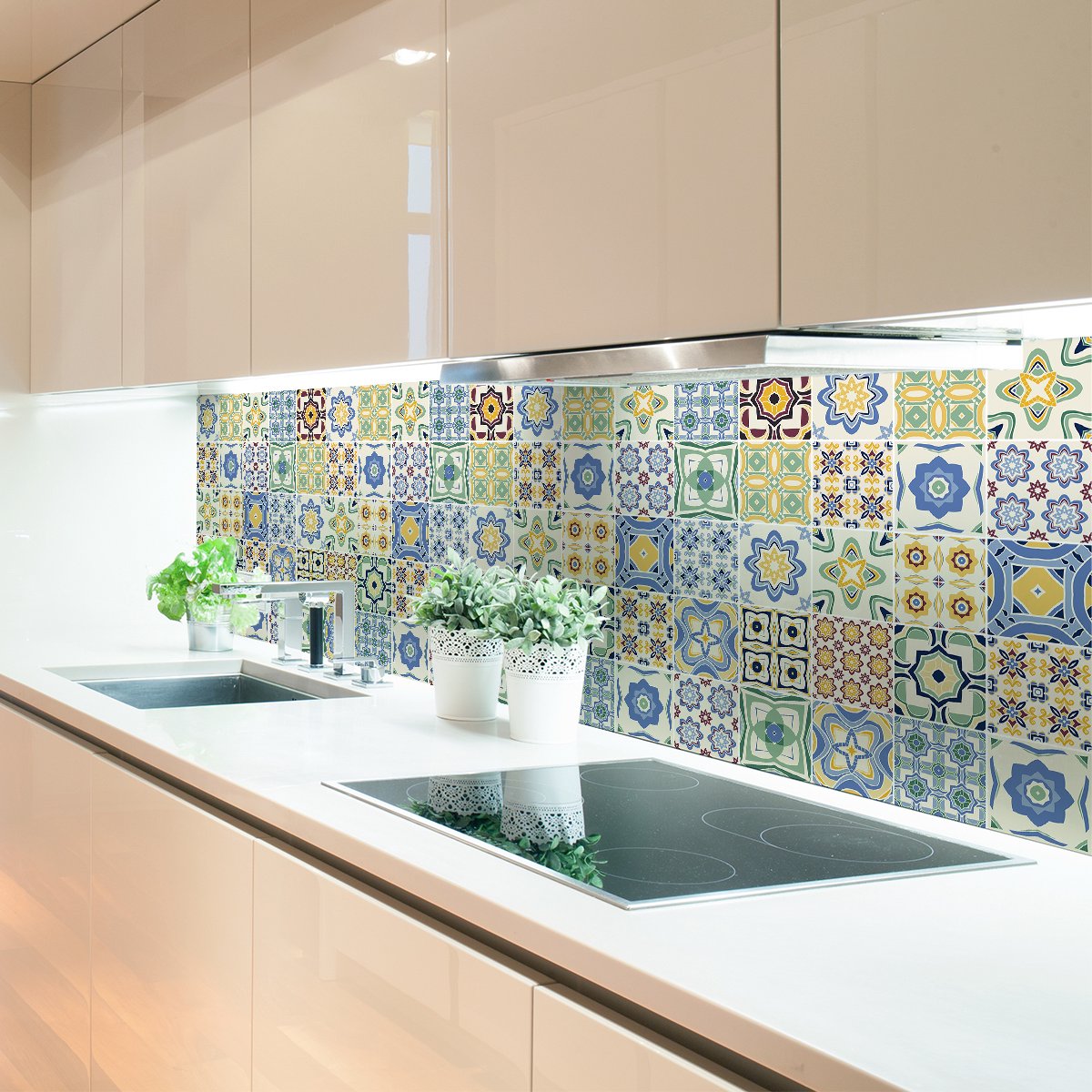 Ambiance Sticker Zelfklevende tegelmuurstickers voor keuken en badkamer - 24 cementtegelstickers, Azulejos Reina-stijl - 24 stickers, 20x20 cm Multi color