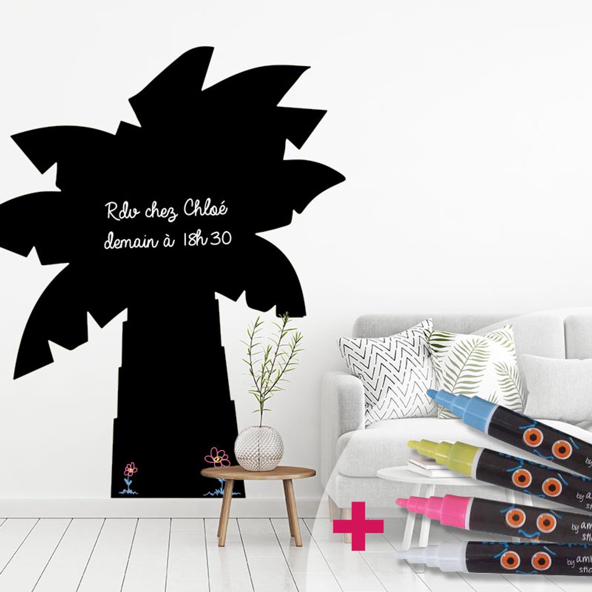 Ambiance Sticker Schoolbordsticker - uitwisbare zelfklevende muurstickers - PALMBOOM + 4 VLOEIBARE KRIJTJES - 135x115cm Multi color