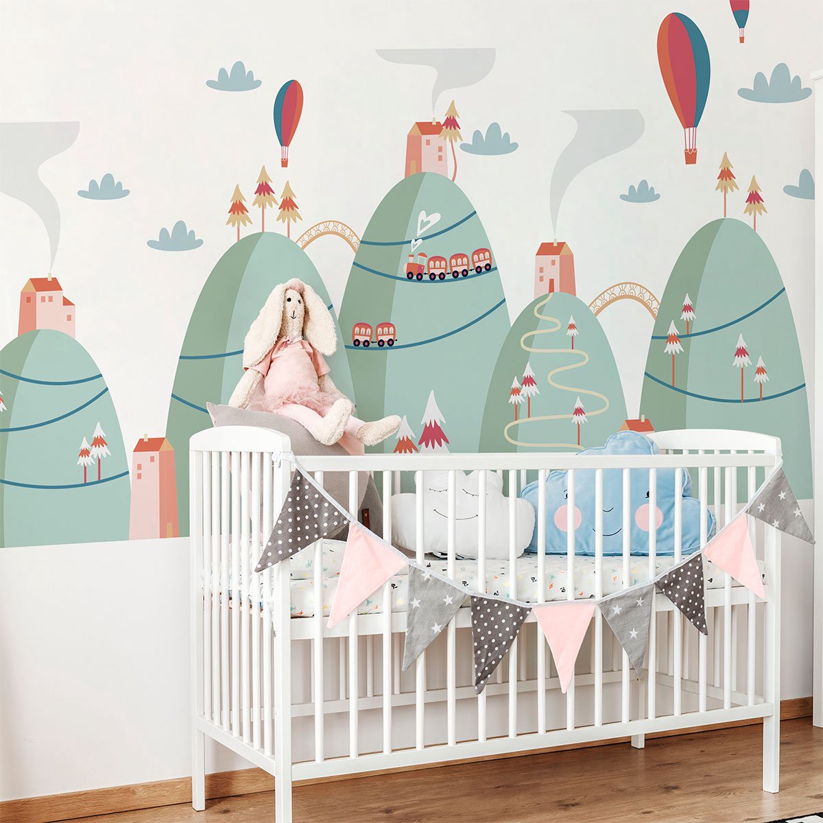 Ambiance Sticker Scandinavische bergstickers met heteluchtballonnen in het landschap, 90 x 135 cm Multi color
