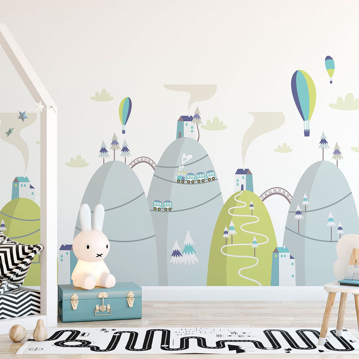 Ambiance Sticker Scandinavische bergstickers met adembenemende heteluchtballonnen, 90 x 135 cm Multi color