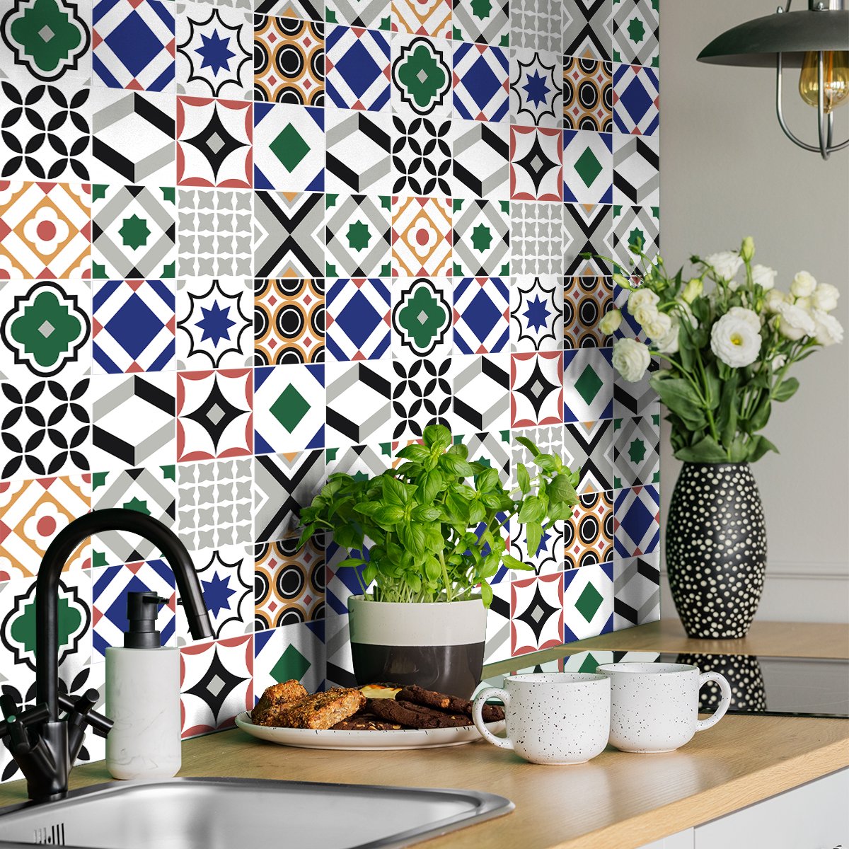 Ambiance Sticker Zelfklevende tegelmuurstickers voor keuken en badkamer - 24 AZULEJOS FEBINA tegelstickers - 24 stickers 20x20cm Multi color