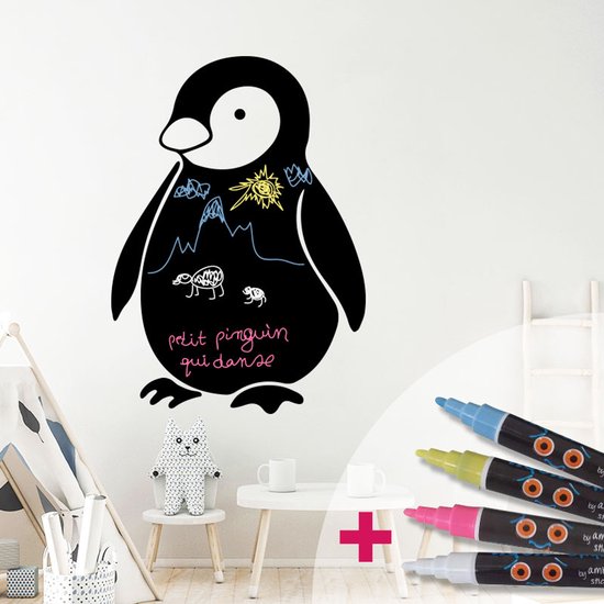 Sticker ardoise tableau noir - stickers muraux adhésif effaçable - PINGOUIN + 4 CRAIES LIQUIDES - 50x35cm