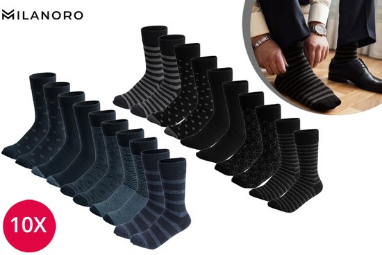 Milanoro - Chaussettes homme - 39-42 - 10 paires - Zwart/ Grijs - Respirantes - Durables