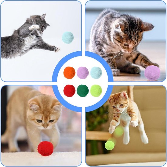 Saijer Kat Speelgoed Bal,100 Stuks Kat Pompons Elastische Bontbal Pluche Bal Regenboogkleurige Ballen Hoge Elasticiteit Kogelbal Stuiterbal Interactief Kattenspeelgoed voor Katten Honden(3CM