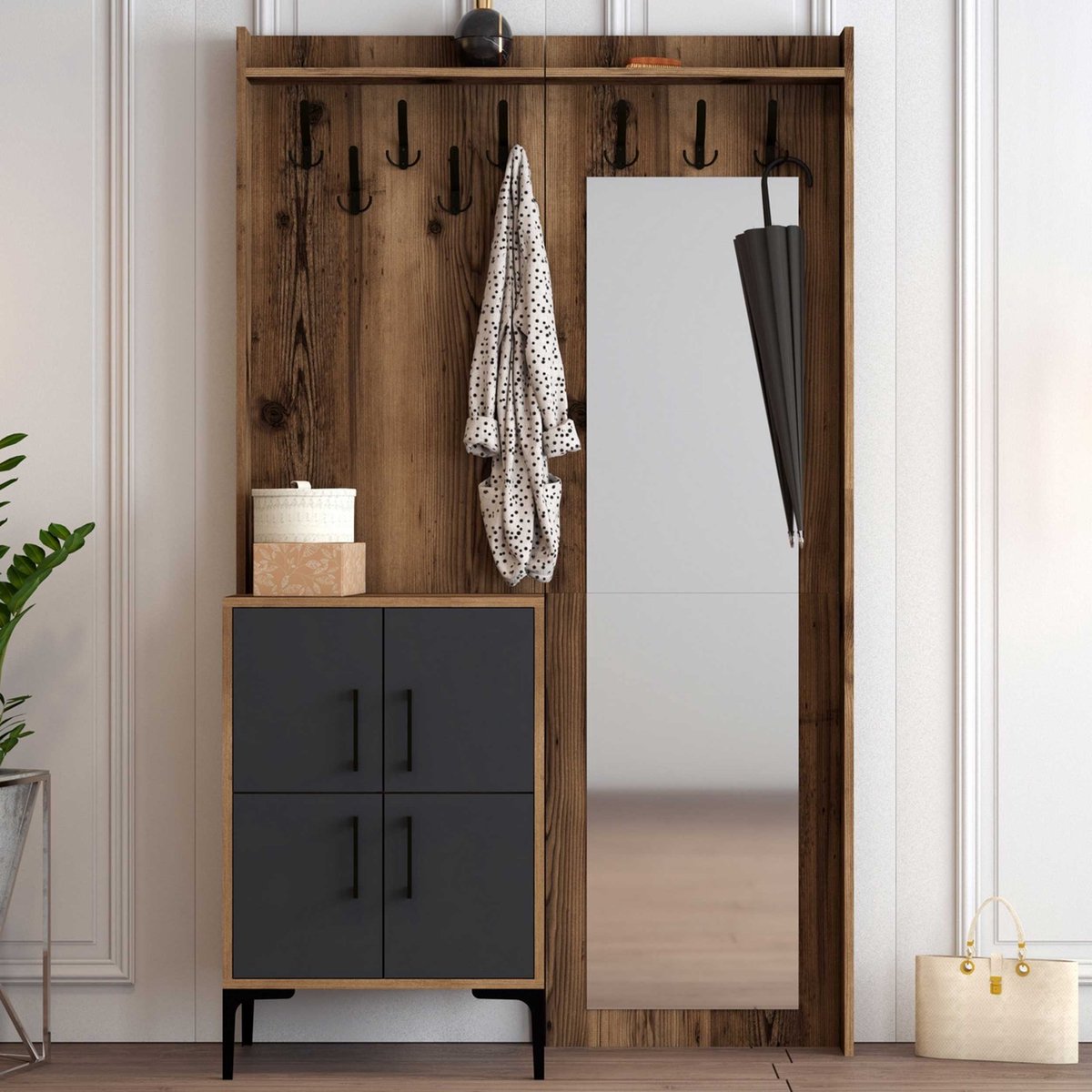 Garderobemeubel Berlin met spiegel Melamine Walnoot Antraciet