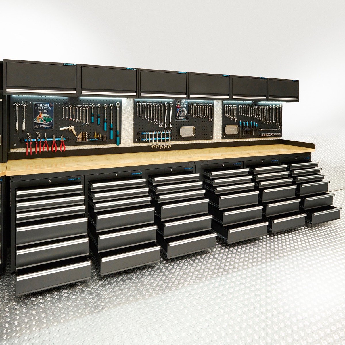 Datona® Werkbank PRO - bamboe werkblad - 36 lades - gereedschapsborden - hangkasten - 400 cm - Zwart