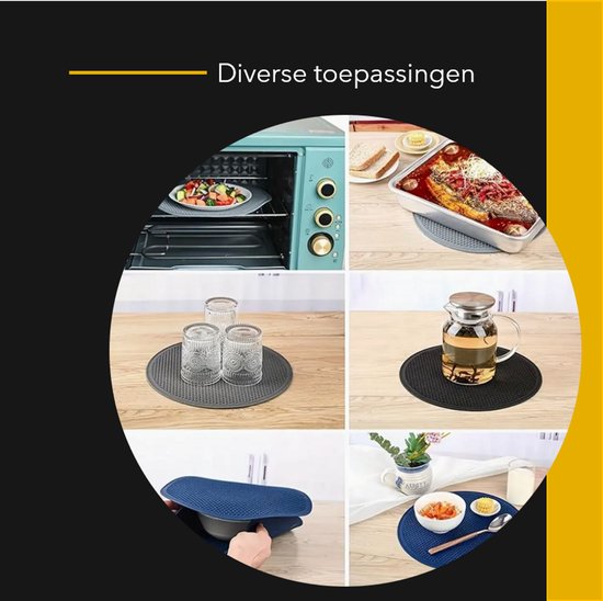 Collage met toepassingen van de onderzetter: in de oven, onder glazen, als pannenlap en meer.