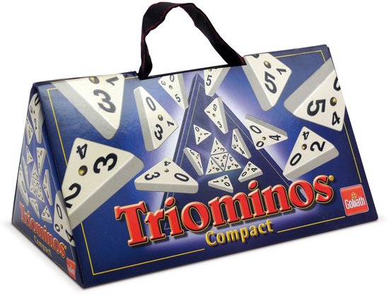 Doos van Triominos Compact spel met handvat. Driekantige dominostenen met zwarte cijfers op witte achtergrond.