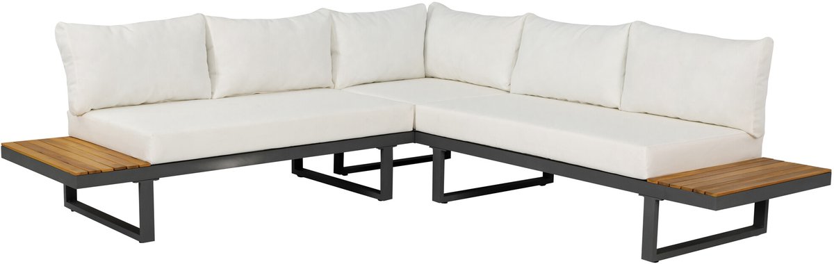 Moderne witte 5-zits loungeset van aluminium en acaciahout met Darcio hoekbank.