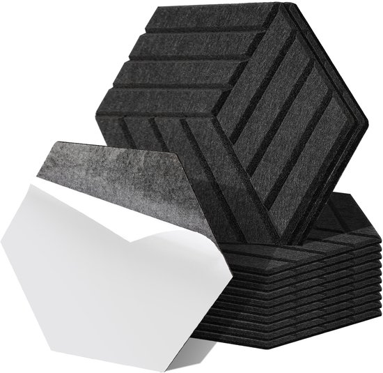 Sonuvia Pak van 24 zelfklevende zeshoekige akoestische panelen,dekt 1,4m², geluidsisolatie voor wanden en deuren -230 kg/m³, NRC 0,95, 100% polyester, ideaal voor geluidsisolerende wanden,zwart