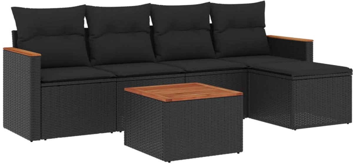 The Living Store 6-delige Loungeset met kussens poly rattan zwart - Loungeset - Set Lounge - Tuinlounge - Buitentijnen - Loungebank