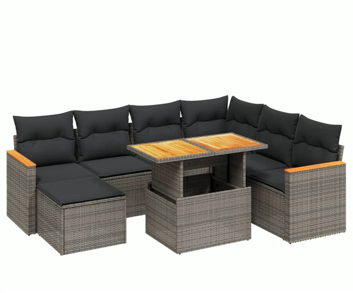The Living Store 8-delige Loungeset met kussens poly rattan grijs - Loungeset - Tuinset - Lounge Set - Buitendecoratie - Outdoor Furniture