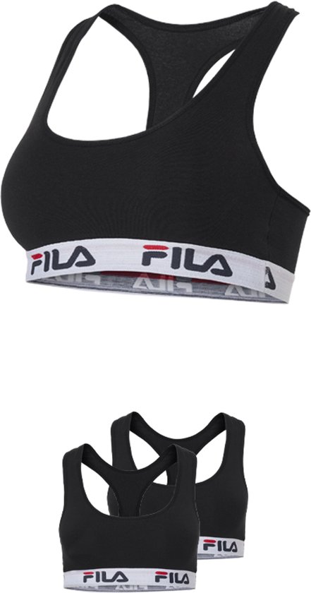 Zwarte Fila sportbeha's met witte band met Fila-logo, één op de voorgrond, één op de achtergrond.