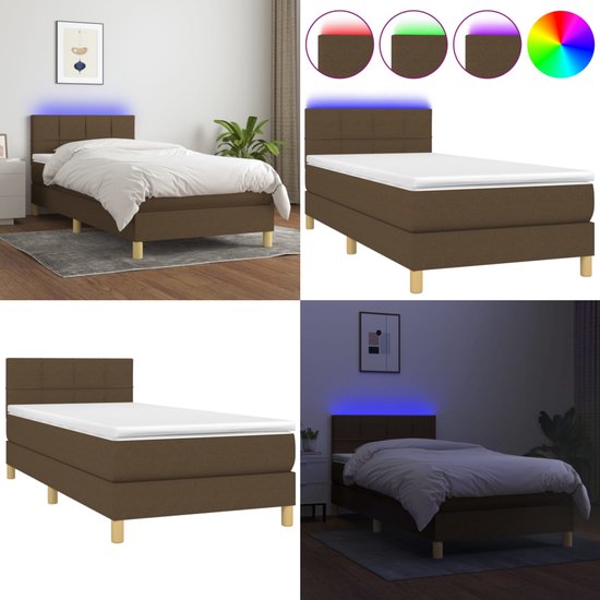 vidaXL Boxspring avec matelas et tissu LED Marron foncé 80x200 cm - Boxspring - Sommiers - Lit - Meubles de couchage