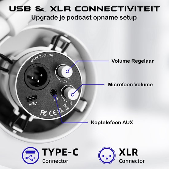 Achterkant van een witte microfoon met Type-C en XLR-aansluitingen, volumeregelaar en koptelefoon AUX.