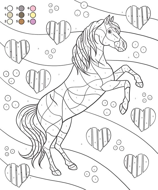 Een rennend paard met manen en staart, omringd door harten. Kleurboekpagina.
