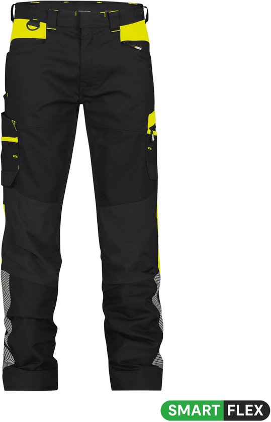 Pantalon de travail noir avec accents jaune vif et lignes réfléchissantes, logo 'SMART FLEX'.