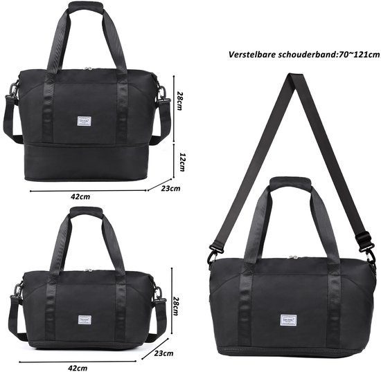 Sac de voyage TAN.TOMI - Sac de sport pour femme et homme - 42x23x40 cm - Avec housse Smart pour valise - Sac de Bagage à main - Sac de sport pliable et étanche - Zwart