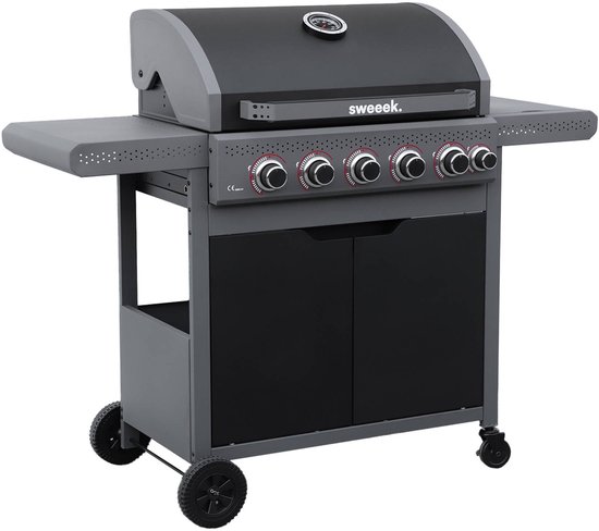 sweeek - Edmond zwarte gasbarbecue - 5 branders + 1 zijbrander, met thermometer, b 132x d62 x h143 cm