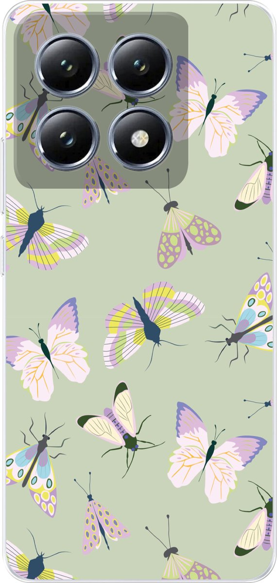 Telefoonhoesje Geschikt voor Xiaomi 14T hoesje - Vlinders - Insecten - Groen - Kleurrijk - Siliconen Telefoonhoesje Telefoonhoesje