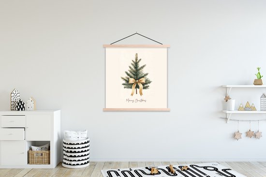 Posterhanger incl. Poster 120x120 cm - Schoolplaat - Kerstboom - Kerst - Merry Christmas - Beige - Textielposter - Blanke latten