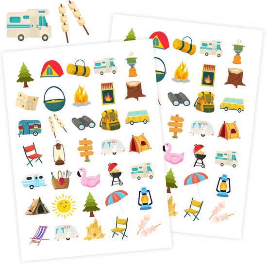 Kampeervakantie Stickers - 2 Stickervellen - Stickers Vakantie - Stickers voor Kinderen - Knutselen Kinderen - Vakantie Stickers - Kamperen - Kampeervakantie - Stickers voor Fotoboek - Scrapbook Stickers - Stickers voor Volwassenen