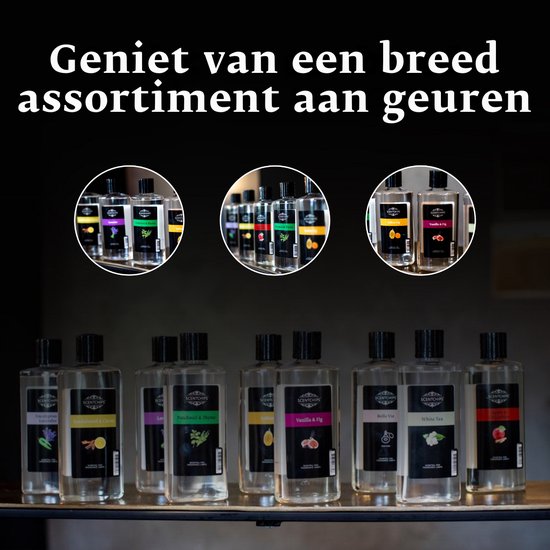 Verschillende Scentchips geurolie flessen in cirkelvormige displays en op een rij.