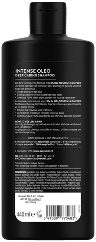 Achterkant van een Syoss Intense Oleo Deep Caring Shampoo fles van 440 ml.