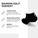 Zwarte lage SOLIT sok met wit logo, naast tekst over versterkte band, hoogwaardig materiaal en naadloos design.