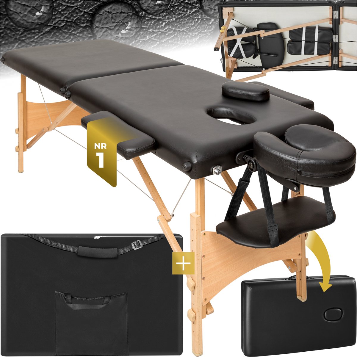 Goedkoopste tectake®- Massagetafel - 2 Zones, Opvouwbare en Draagbare Massagetafel met 5 cm Vulling, In Hoogte Verstelbaar, Mobiele Massagebank met Houten poten en Accessoires, Draagtas - Zwart