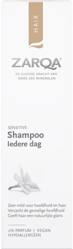 Witte tube met ZARQA shampoo, 'HAIR' logo en bloemdecoratie. "Shampoo Iedere Dag".