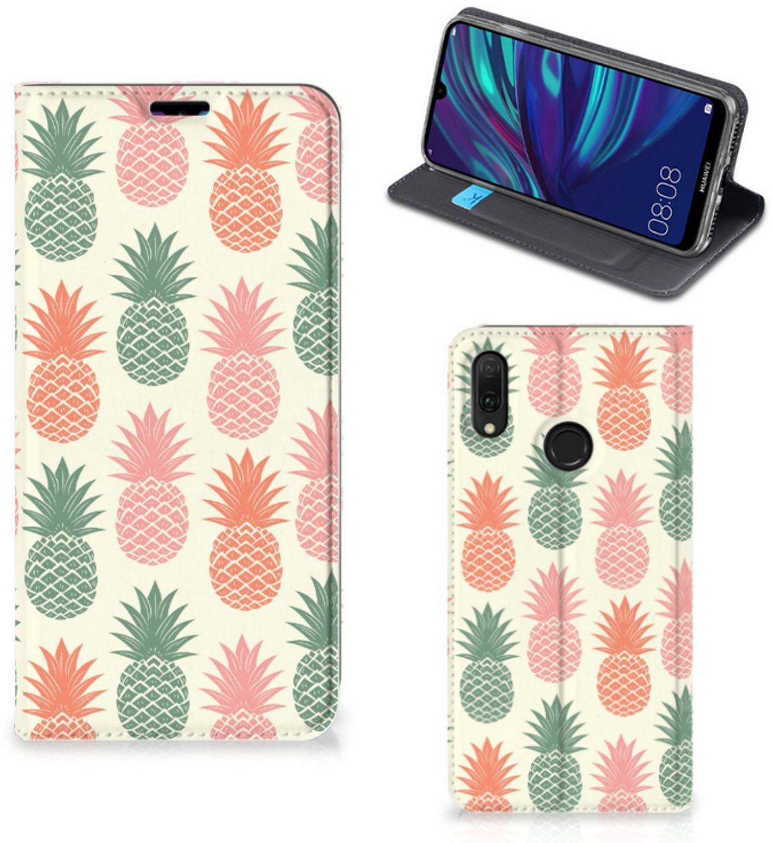 Book Case voor Huawei Y7 hoesje Y7 Pro (2019) Flip Style Cover Ananas