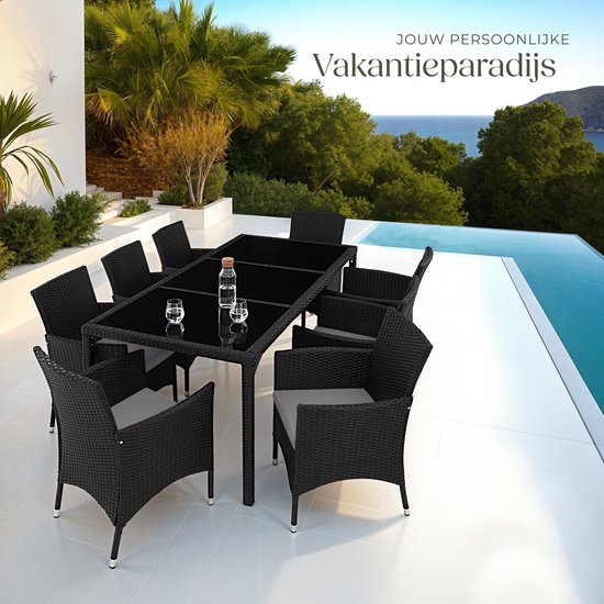 tectake® - elegante outdoor tuinmeubelset - wicker zitgroep met fauteuil en tafel voor 8 personen, inclusief beschermhoes en kussens, weerbestendig balkonmeubilair - zwart/grijs - poly-rattan