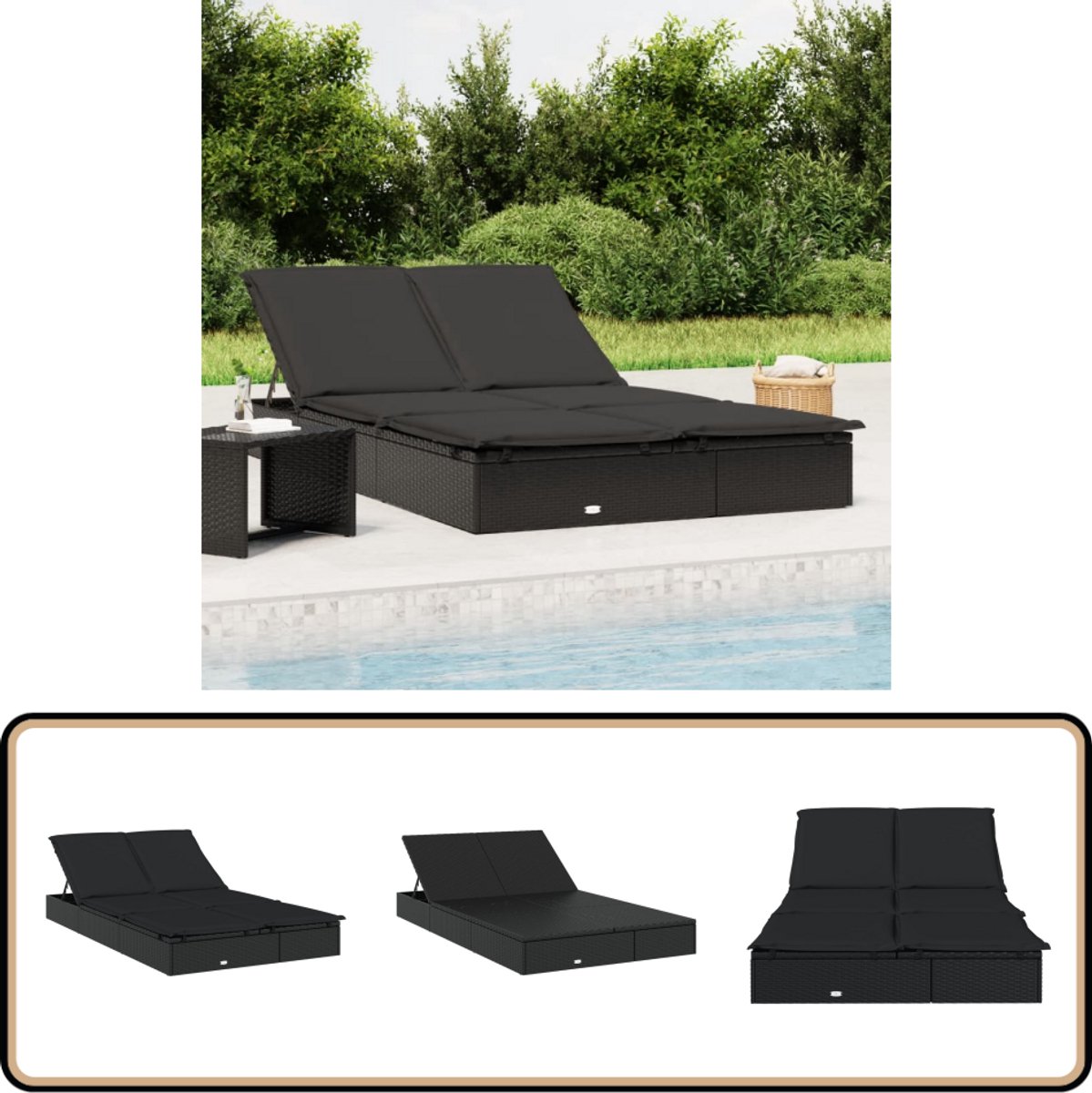 vidaXL Ligbed met kussens 2-persoons poly rattan zwart