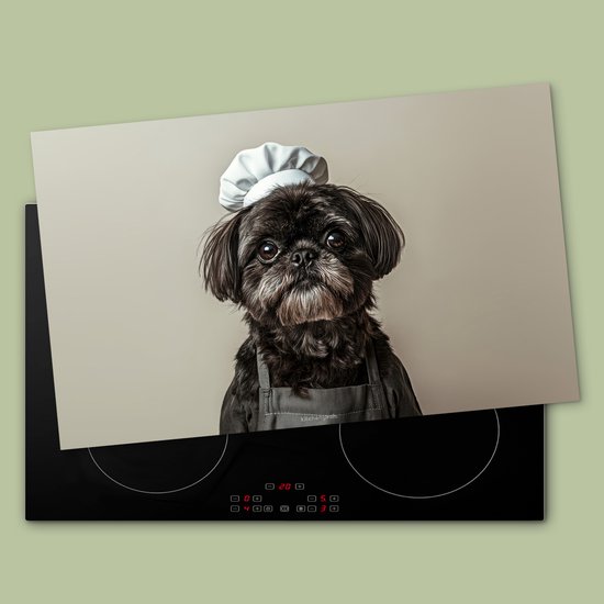 KitchenYeah® Inductie beschermer 85x52 cm - Hondje - Kokskleding - Zwart - Beige - Kookplaataccessoires - Afdekplaat voor kookplaat - Inductiebeschermer - Inductiemat - Inductieplaat mat - Keuken decoratie