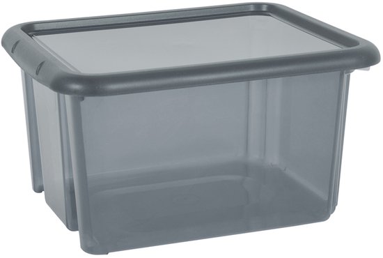 Grijze kunststof opbergbox met grijs deksel, L44 x B36 x H25 cm.